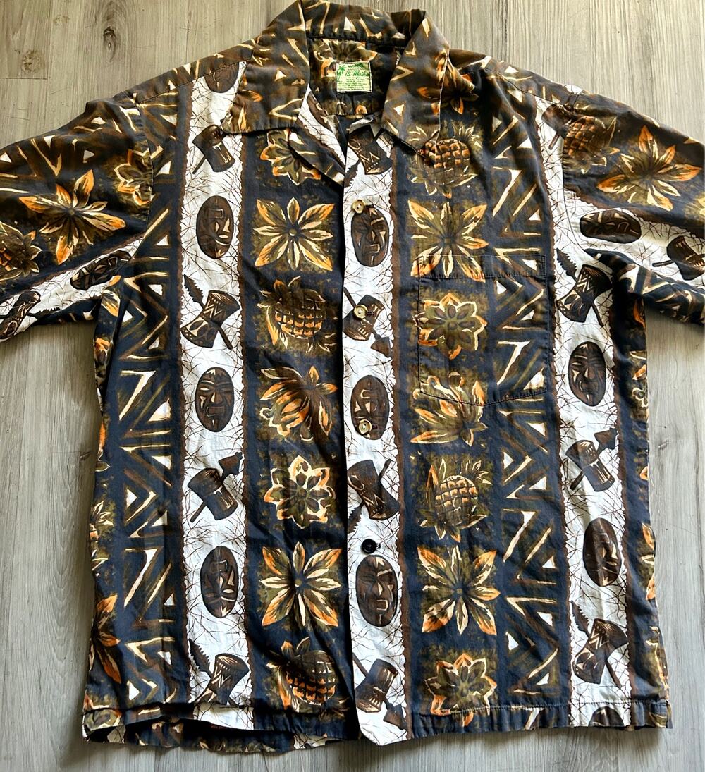 60s VINTAGE Ui-Maikai Cotton Hawaiian Aloha Shirt X-Large Striped Tiki Pineapple